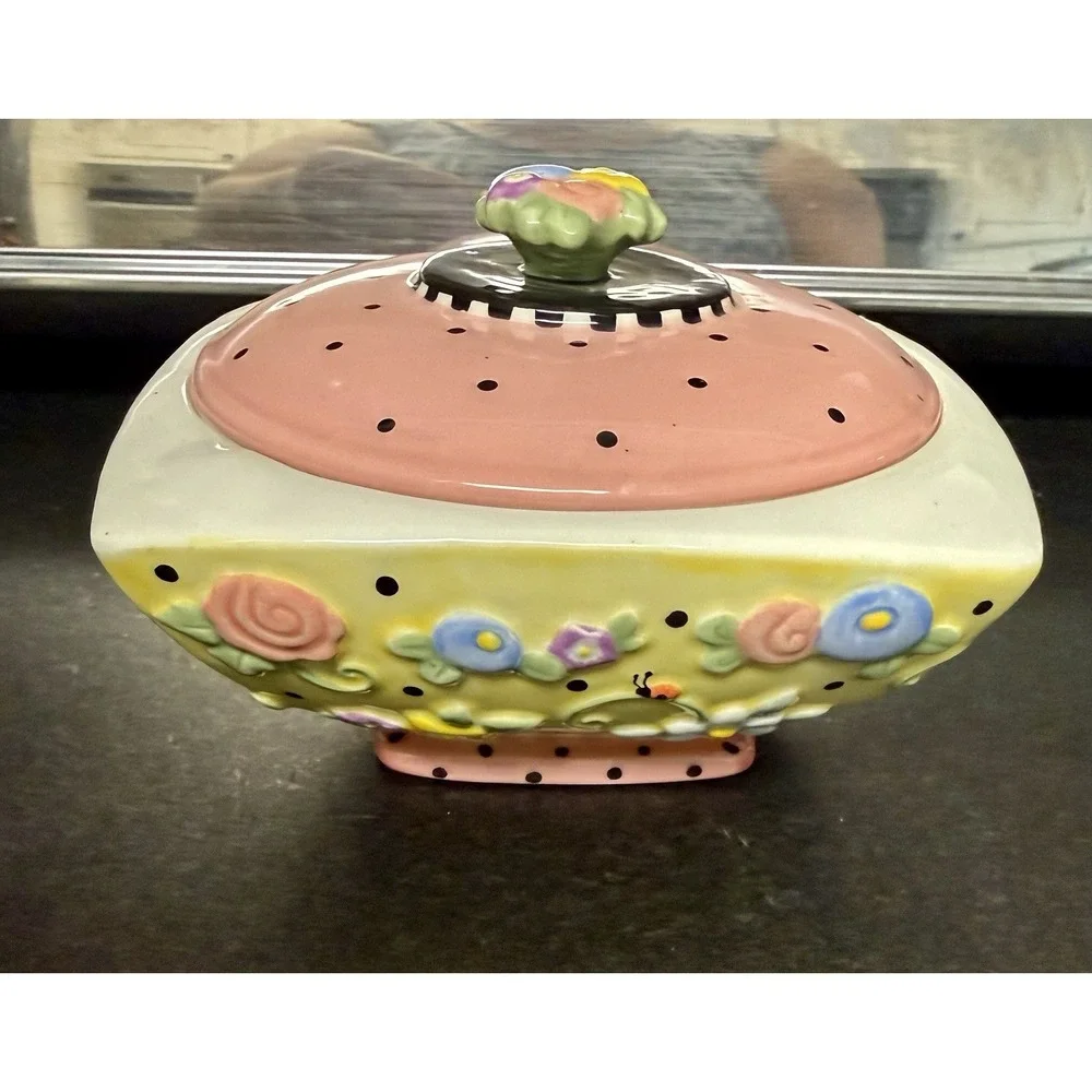 1999 Vintage Mary Englebreit Ceramic Covered Square Trinket/Candy Dish